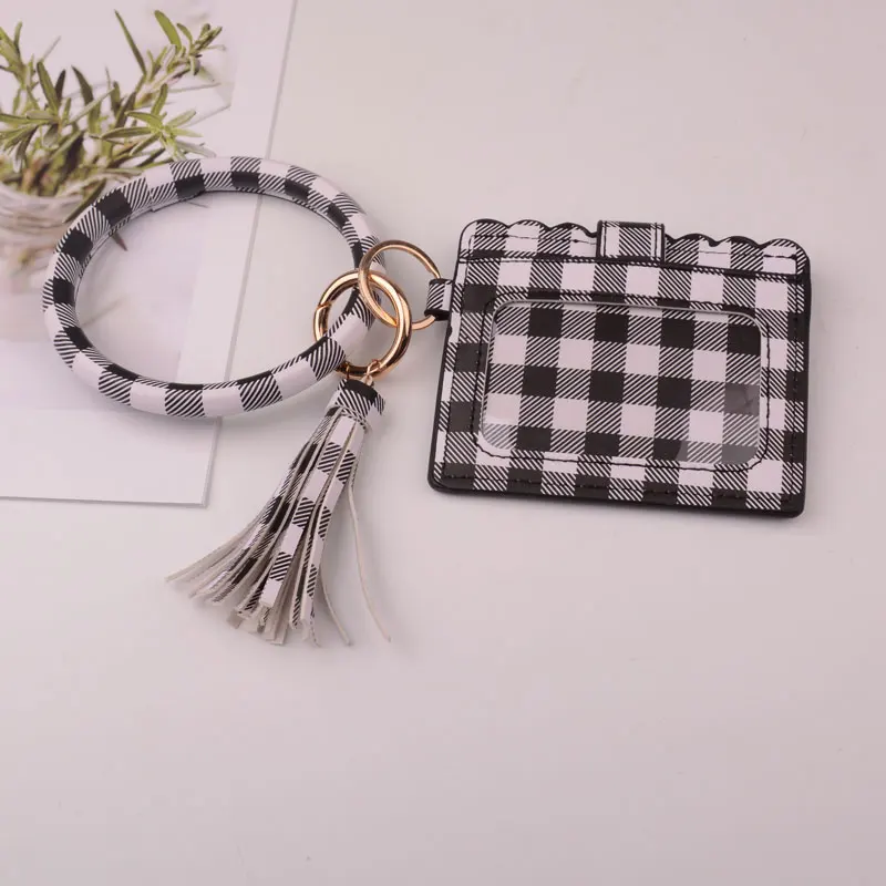 white plaid Новинка от Rainbery, модный многофункциональный брелок для ключей и кошелек для карт из искусственной кожи, круглый брелок с подходящей сумочкой-браслетом для женщин и девушек - Цвет: white plaid
