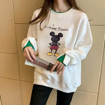 Disney bluzy Mickey Mouse bluzy damskie bluzy imitacja dwuczęściowej bluzy z długim rękawem Harajuku dla kobiet bluzy jesienne bluzy tanie i dobre opinie 12 + y POLIESTER CN (pochodzenie) W stylu rysunkowym Wiosna i jesień