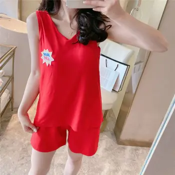 

Summer Pajamas Set Fashion Comfy Embroidered Letter Vest And Shorts 2 Pcs Sleepwear Suits Women Thin Loose Home Wear
