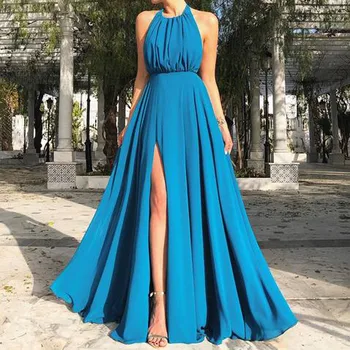 

Sexy Chiffon dress woman basic Halter Solid Back Hollow Long Split Party Elegant Gown summer dresses and sundresses robe femm#G9