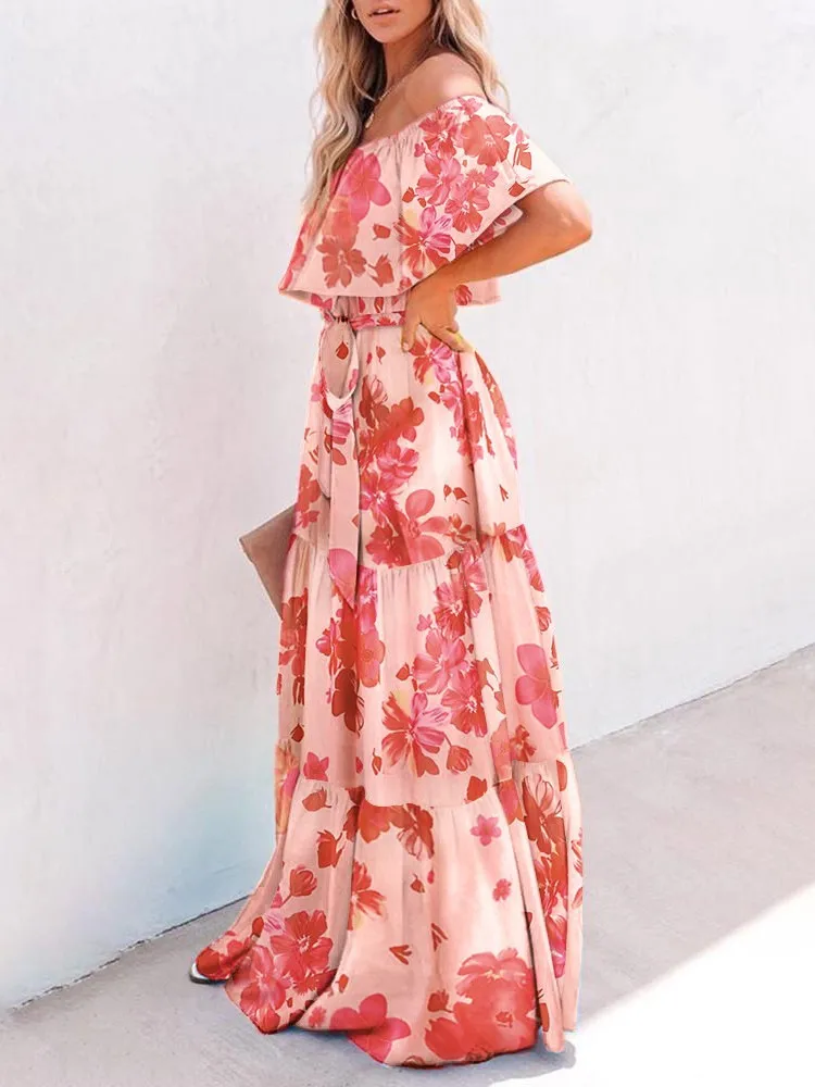 Boho Floral Print Wrapped Breast Gradient Color Women Long Beach Dress Frill Belt Lace Up Beach Cover Up Summer Vacation Dress