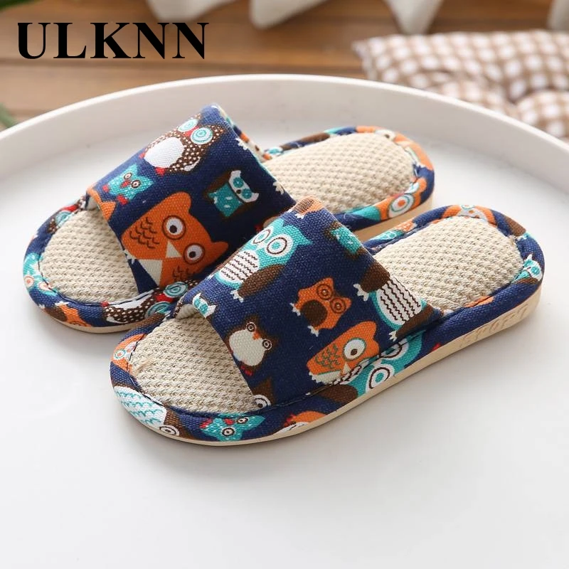 

ULKNN Cartoon Girls Boys Owl Slippers Non-slip Indoor Spring And Autumn Slippers Children Flax Slippers Indoor Shoes For Kids