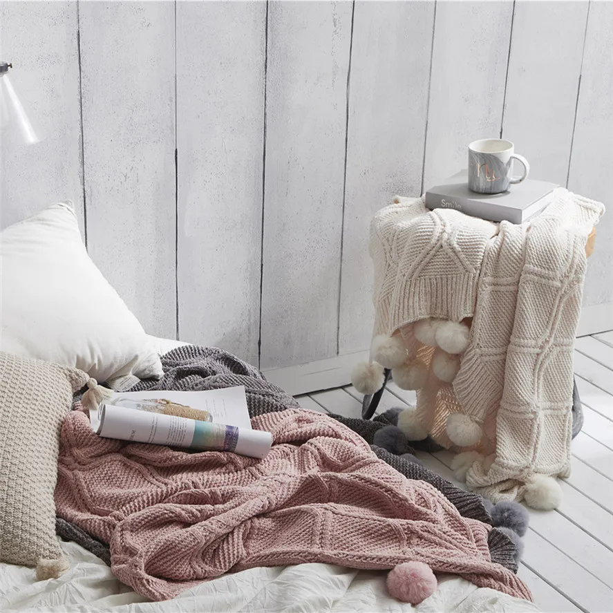 

New Knitting Blanket 1PC 130x160cm Pom Pom Throw Blanket Knit Throw Blankets with Pompom Fringe Soft Plush 1129#30
