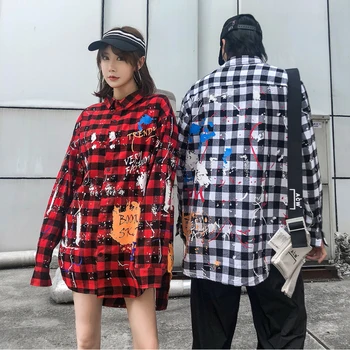

2019 Autumn New Long Sleeve Graffiti Plaid Print Crow Shirt Men's Fashio Lapel Loose Camisas Hombre Oversize Couple Shirt