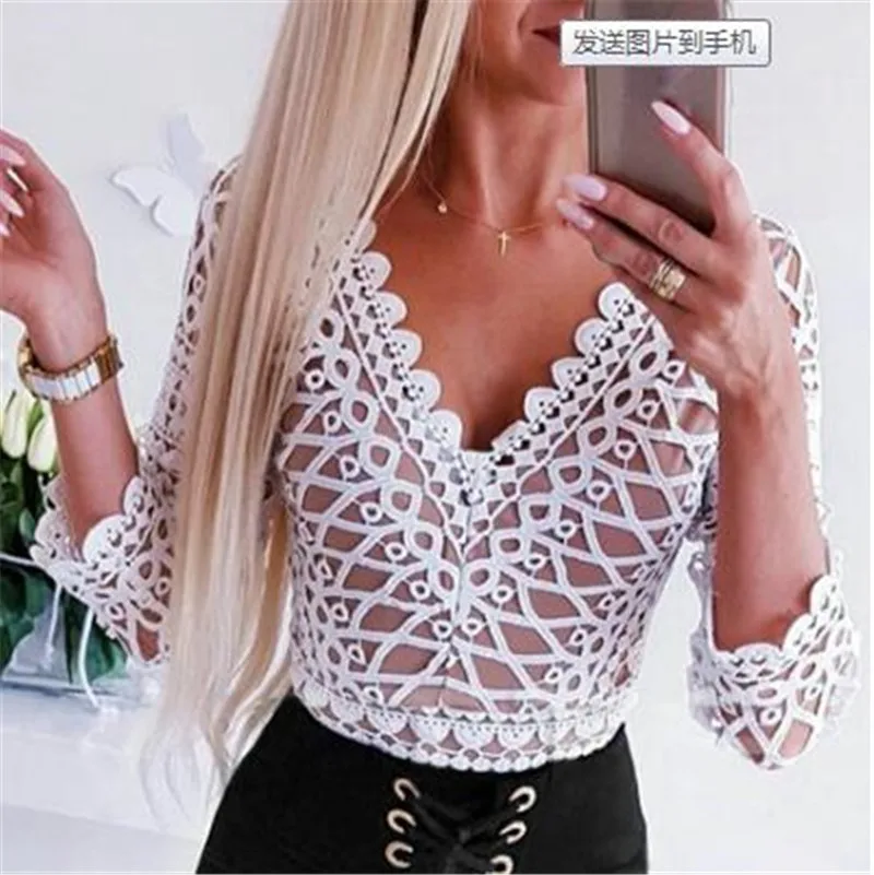 

Women Long Sleeve T-Shirts for Streetwear Patchwork Hollow Out Design See Through Deep V Solid Top Sexy Lady Autumn Slim Shirts
