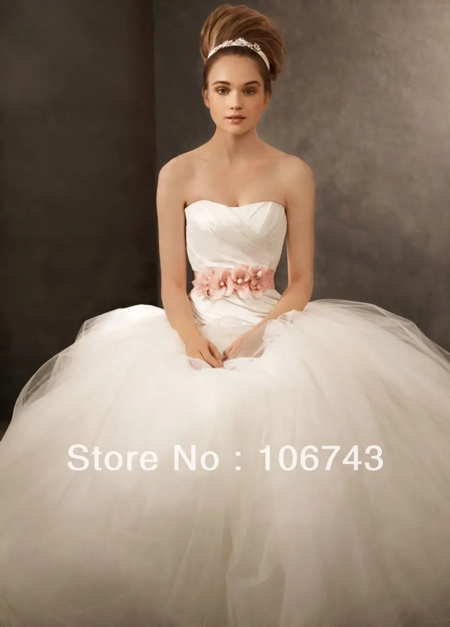 

dress free shipping 2016 flowers sashes tulle chiffon Beautiful Tulle Ball Gown Wedding Dress