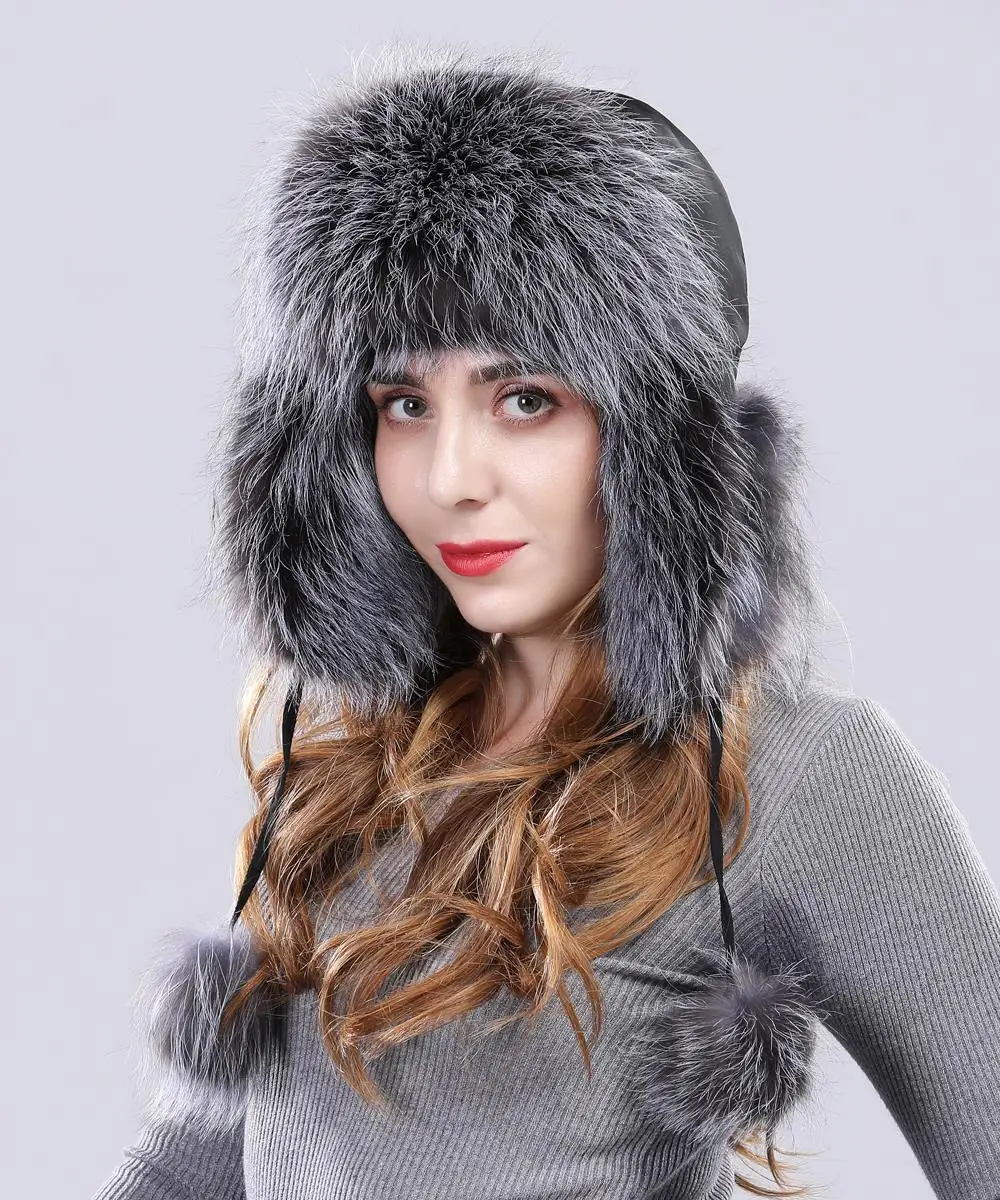 Winter women fur hat lady real fox fur cap protect ear warmer fox pom poms Bomber Hat hot sale new arrival