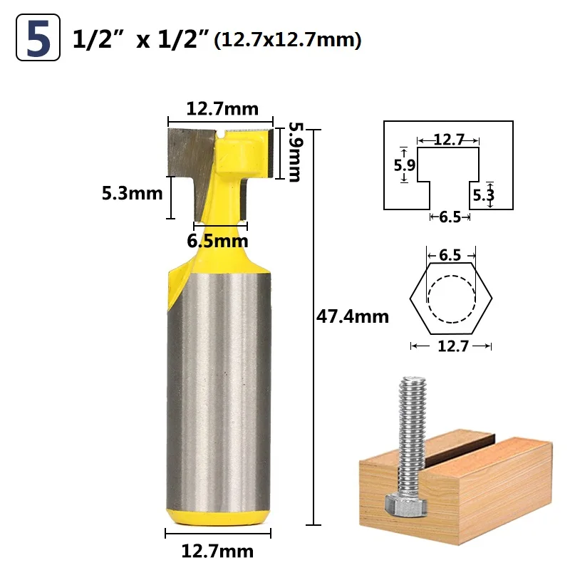XCAN 1/4 ''1/2'' хвостовик Замочная скважина маршрутизатор бит T Пазовая дисковая фреза Болт шестигранный винт отверстие фреза для дерева - Длина режущей кромки: No.5 12.7x12.7mm