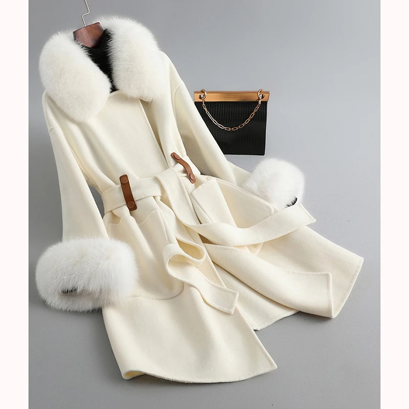 Women Autumn Winter Woolen Overcoat Real Fox Fur Collar Wool Female Jacket Warm Wool Coat Detachable Fox Fur Collar 2023 new women s cotton clothes detachable hat wool autumn and winter warm parka removable hat mid length coat for women