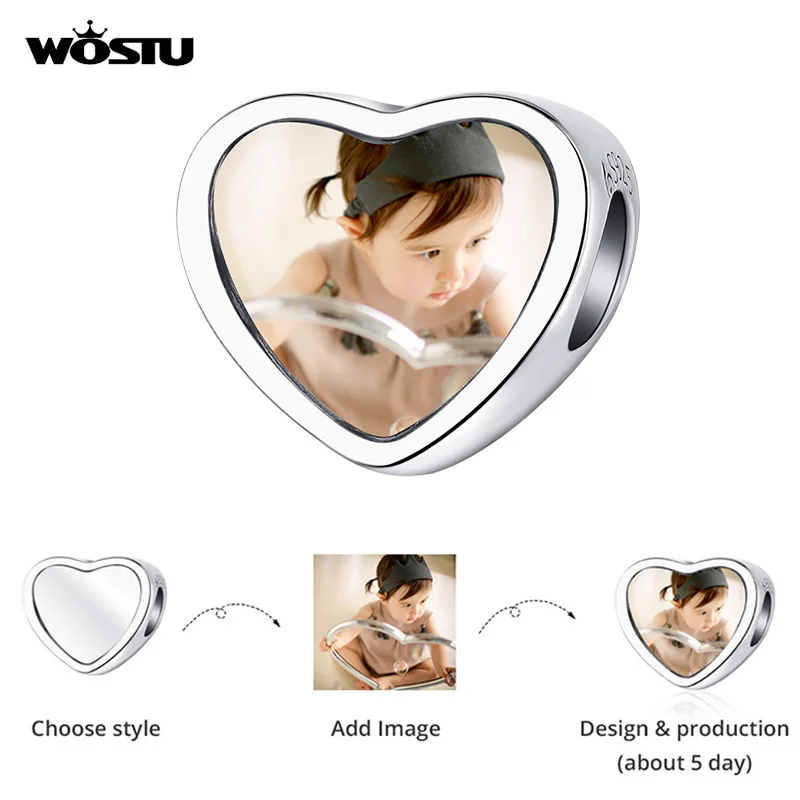 

WOSTU DIY Picture Heart Beads 925 Sterling Silver Charms Fit Bracelets Pendant Necklace Customized Photo Gift Jewelry FNC103