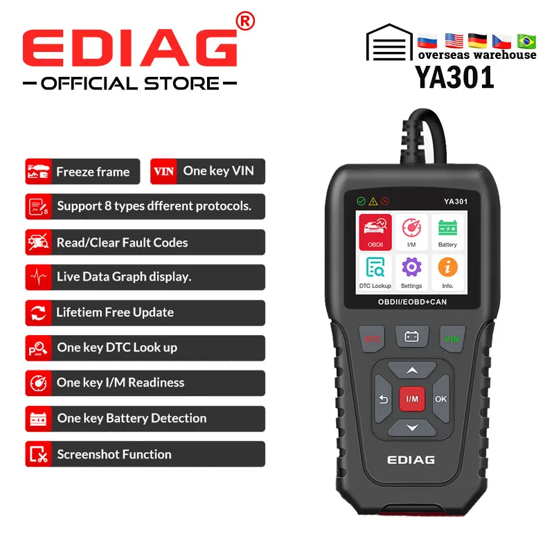 

New Code Reader EDIAG YA301 OBD II Full Function OBD2 Scanner Multi-languages Car Diagnostic Tool USB Update PK KW850 CR3001