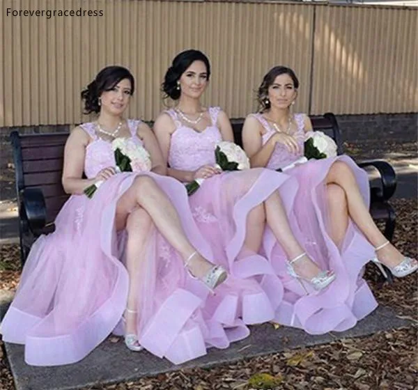 2017 Elegant Lavender Lace Tulle Bridesmaid Dresses For Summer Garden Weddins Appliques A Line Spaghetti Straps Wedding Guest Dresses  95