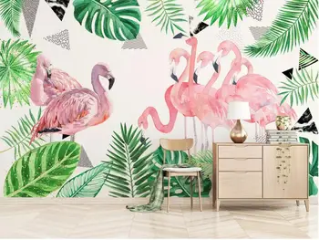 

CJSIR 3D Photo Wallpaper Nordic Small Fresh Green Banana Leaf Cartoon Flamingo Children's Room Background Wall 3d Wallpaper