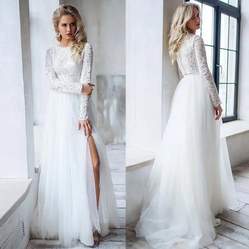Vestido De Novia De Encaje De Manga Larga Elegante Vestido De Novia Sexy Con Raja Lateral Vestido De Novia Con Corte En A Vestido De Novia 2 Em 1 Aliexpress