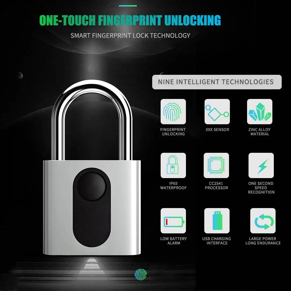 

GS40F Smart Fingerprint Padlock USB Rechargeable IP65 Waterproof Anti-Theft Security Padlock Luggage Case Backpack Lock Security