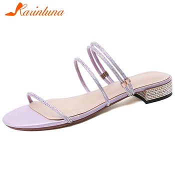 

Karinluna Fashion 2020 Large Size 43 Thick Heels Summer Pumps Woman Shoes Slip On Open Toe Crystal Shoes Women Pumps Mules