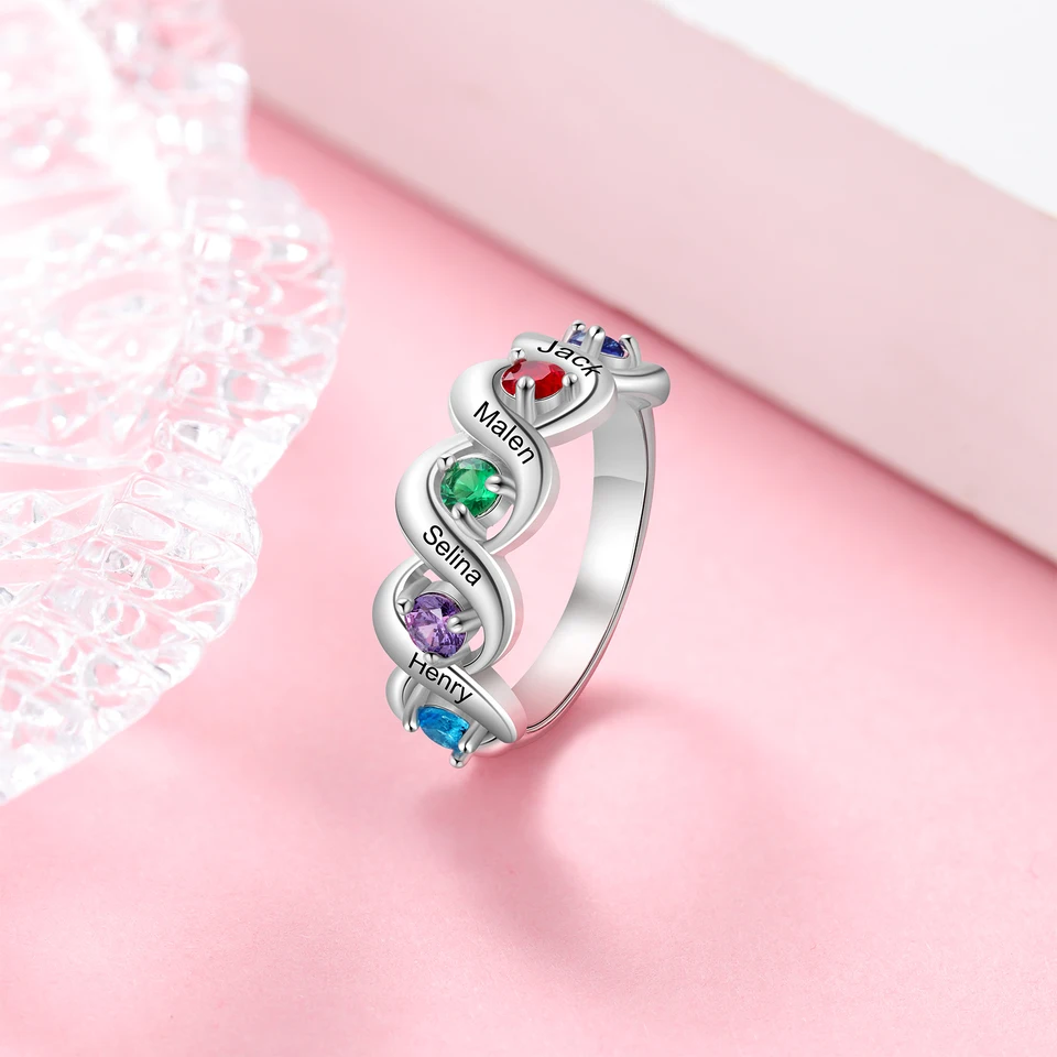 Sterling Silver Mothers Rings With 1-6 Birthstones - Personalized Family Name Engraving