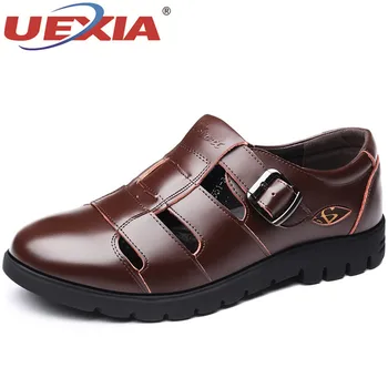 

UEXIA Men's Summer Shoes Cow Split Leather New 2019 Men Sandals Hollow Platform Business Sandal Driving Moccasins Big Size38-47
