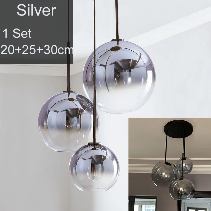 Silver BDBQBL светодиодный 1 комплект 3 шаровая лампа современный подвесной светильник градиентный подвесной стеклянный шар лампа гостиничный бар подвесной светильник кухня столовая спальня - Цвет корпуса: Silver