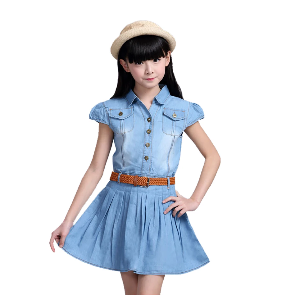 

Girls Summer Denim Clothing for Big Kids with Belt Dress Child Girl Dress Clothing Outfit