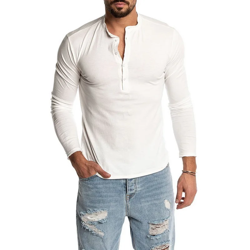 Модная мужская рубашка, облегающая футболка с длинным рукавом, Стильная мужская футболка с v-образным вырезом, хлопковая Футболка Хенли, топы, футболки размера плюс S-XXXL