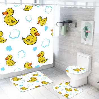 

Little Yellow Duck Shower Curtain Toilet Cover Bathroom Carpet Cushion Cover 3/4 Piece Polyester Waterproof Shower Curtain