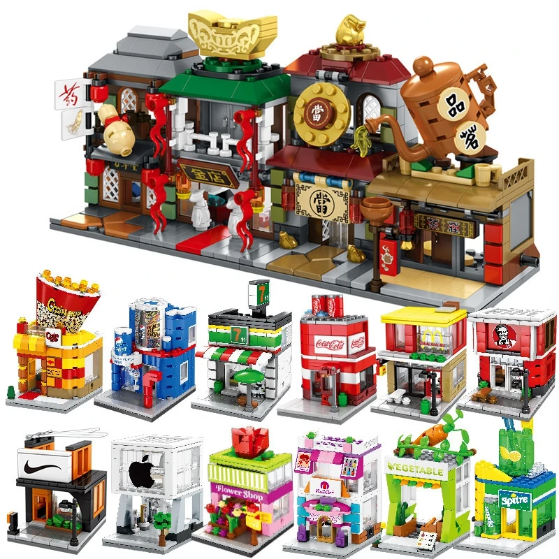 

Mini street view city Small particle assembly creative shop Children's building blocks toy Compatible Legoingly birthday gifts