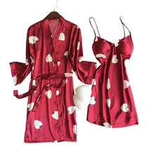 Женская комфортная шелковая атласная ночная рубашка, Сексуальная Домашняя одежда, женский кардиган+ платье, комплект из 2 предметов, одежда для сна, мягкий халат с рисунком фруктов для женщин