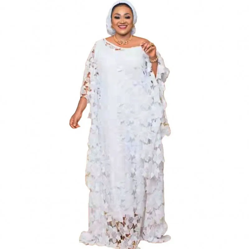 White Lace Loose Robe Plus Size Muslim Clothing African Dresses For Women Crochet Hollow Maxi Dresses 2022 Spring Sexy Ladies