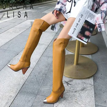 

ORCHA LISA Size 34-44 Genuine leather boots women metal high heels autumn winter over the knee boots sexy ladies thigh Cowboy