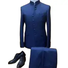 

2Pcs New Arrival Stand Collar Blue Blazer Trousers Wedding Men Suits Sets Prom Party Wear Custom Made Slim Fit Wedding Clothing