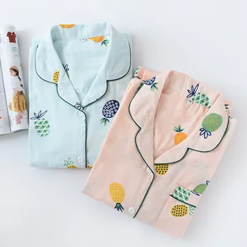 

Japanese Cotton Pajamas Set Women's Long-sleeved Double-layer Cute Spring Autumn Pineapple Fresh Home Service Suit Large Size