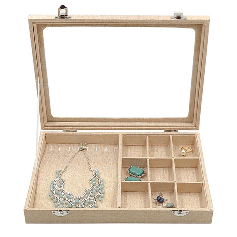 28*20*5cm Yellow Linen Jewelry Display Case Storage Organizer Tray Jewelry Box With Glass Lid For Necklace Ring Earring Bracelet