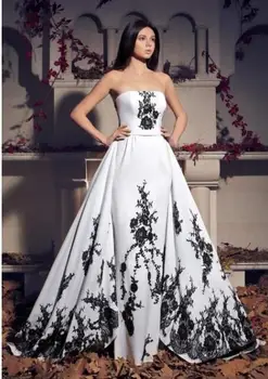 

Vintage Black and White Gothic Wedding Dresses Strapless Detachable Train Women Non Traditional Bridal Gowns With Color Custom