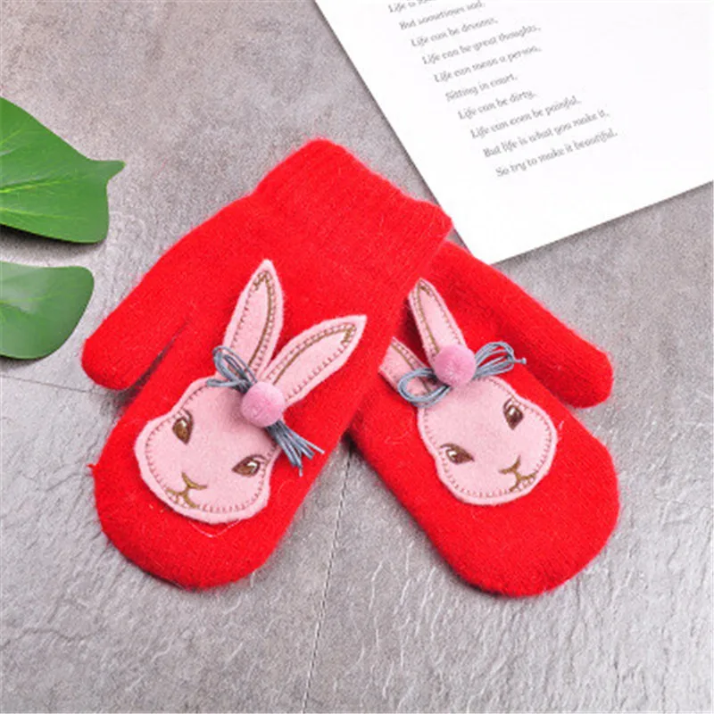 Перчатки для девочек с мультяшным кроликом; зимние детские плотные теплые вязаные перчатки для девочек; Милые Шерстяные варежки из кроличьей шерсти с длинными пальцами - Цвет: Красный