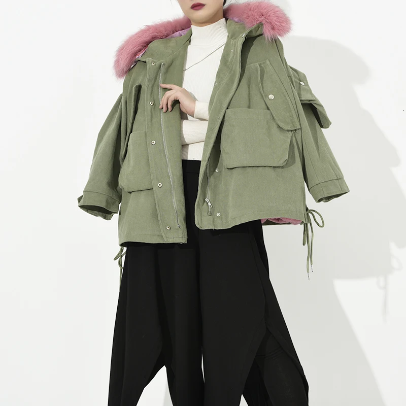 [EAM] Loose Fit Green Bandage Big Size Jacket New Fur Collar Long Sleeve Women Coat Fashion Tide Autumn Winter 1K658