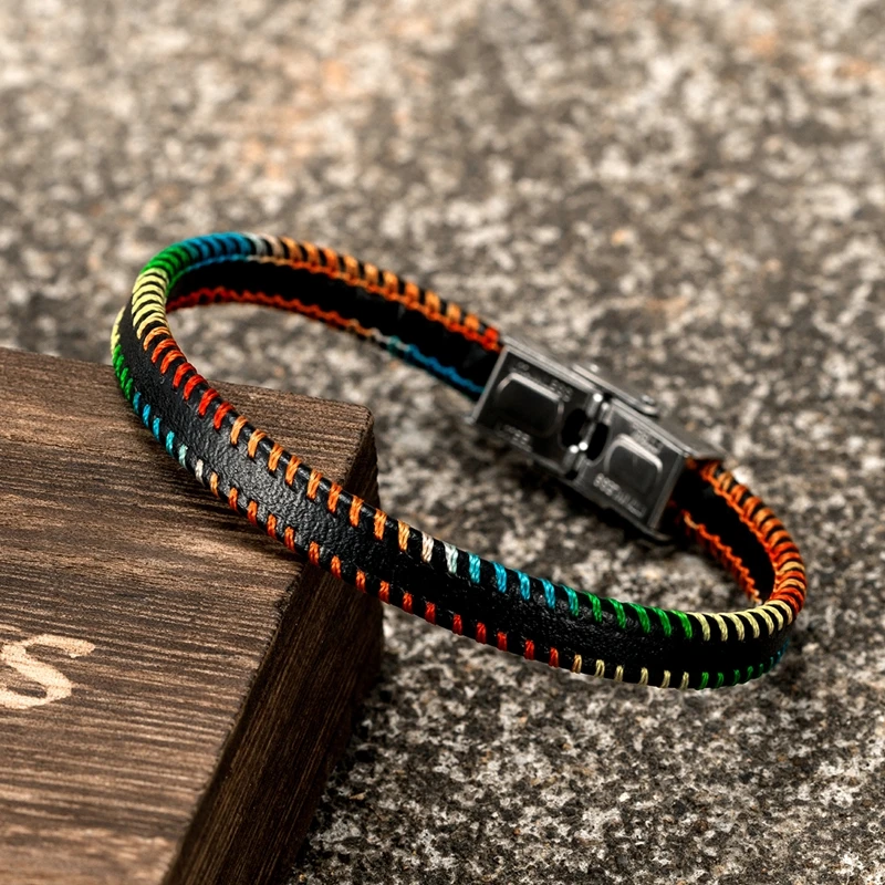 Bangle Bracelet Leather Bracelet Stainless Steel Bracelet Leather Magnetic Bracelet MKENDN Fashion Handmade Leather Bracelets for Men Women Rainbow Wristband Stainless Steel Casual Personalized Bangle