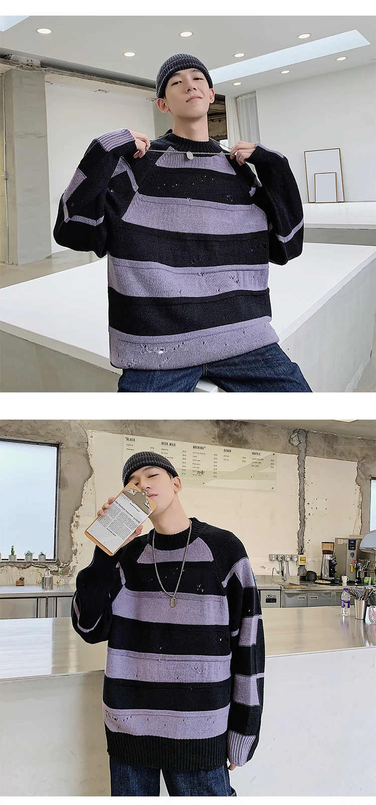 Winter New Sweater Men Fashion Thick Warm Warm Color Striped Knit Pullover Man Streetwear Wild Loose Hole Sweater Male Clothes