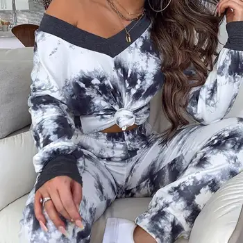 

Laamei Casual Tracksuit Women Tie Dye Print 2 Piece Set Women Shoulder T-Shirt Elastic Waist Long Pants Autumn Sport Suit