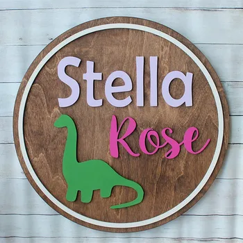 

Baby girl Name Sign, personalised Dinosaur circle Nursery decor, wooden kid room decor, baby shower gift, Baby Keepsake,Name Tag