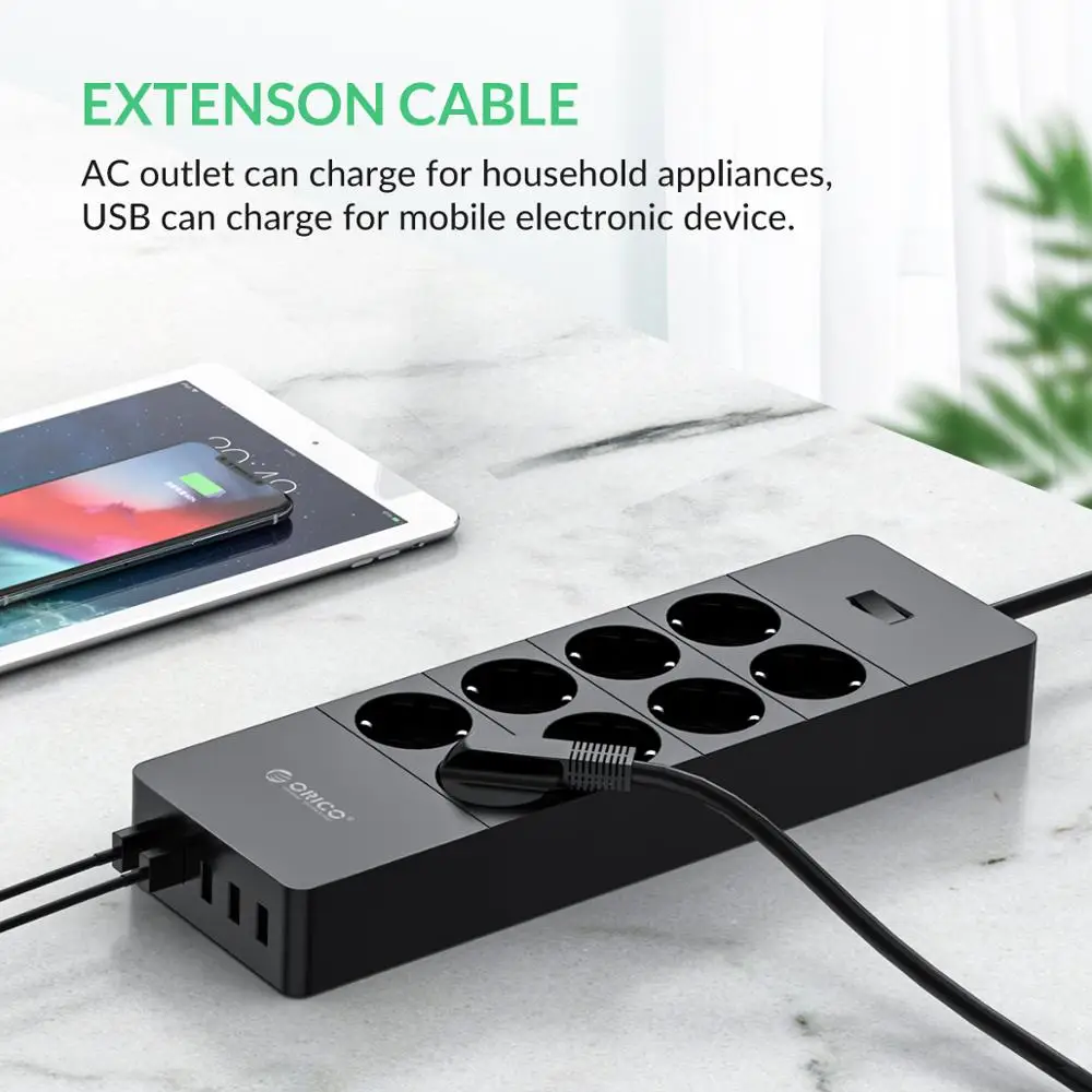 Plugue da ue Adaptador de Energia Orico Tomada Elétrica Cabo Extensão Tira Inteligente Soquetes 8ac 5 Usb - Image 3