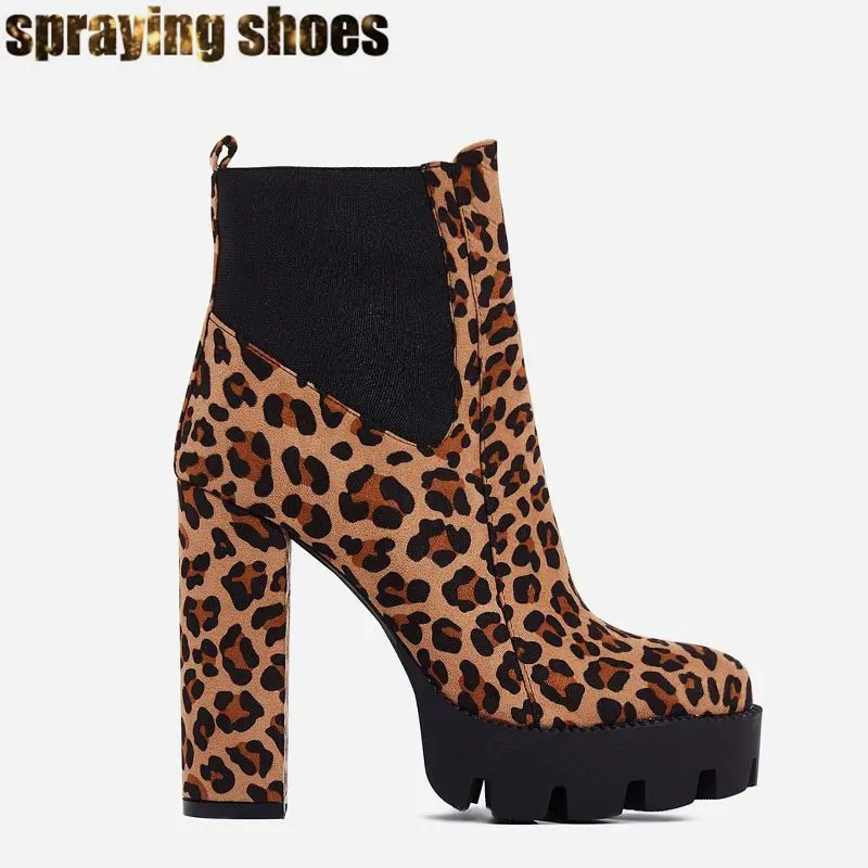 

Wild Sexy Leopard Print Ankle Boots For Women Square High Heel Platform Boots Ladies Sexy Winter Shoes Waterproof Booties Woman
