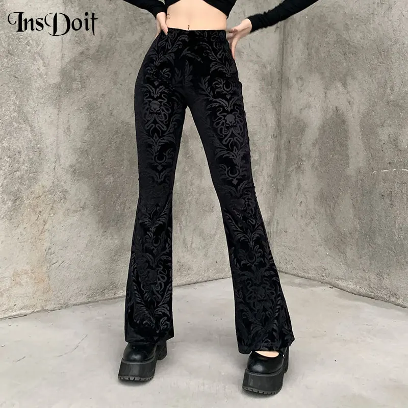 InsDoit Vintage Gothic Velvet Black Pants Goth Harajuku Bodycon High Waist Trousers Streetwear Punk Flared Women Autumn Pants weiyao printed grunge black jeans korean vintage streetwear gothic punk trousers women hippie straight pants harajuku clothes