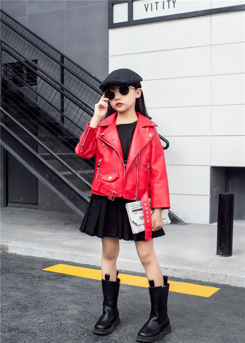 black mink coat Girls Black Pink Red Pu Zipper Jackets Kids Girl Leather Jacket Spring Autumn Cool Coat Children Clothes Overcoats Windbreaker navy wool coat