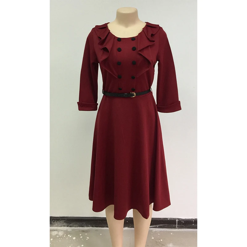 Плюс Размеры офисные DressSexy двубортное Для женщин с длинными рукавами рюшами с пышной юбкой, платье с поясом для девочек; Элегантные Осенние женские платья