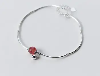 

Real. 100% 925 Sterling Silver Jewelry Chime Bell &8mm Natural Stone strawberry quartz Bangle Anklet Bracelet Cuff GTLS417