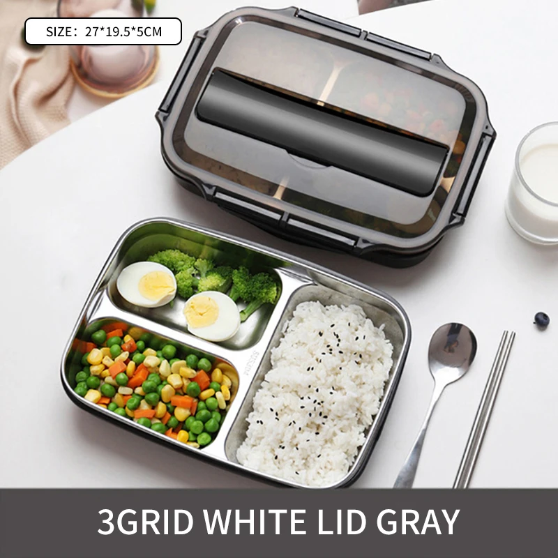 3Grid White Lid Gree Нержавеющая сталь изолированный Ланч-бокс многозерновой Ланч-бокс с палочками ложка детские столовые приборы Ланч-бокс для детей герметичный - Цвет: 3Grid White Lid Gree