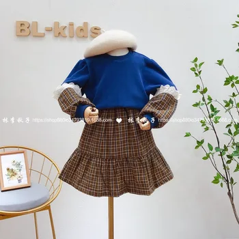 

Children's suit 2020 autumn and winter new western style lace sweater plaid skirt two-piece trend