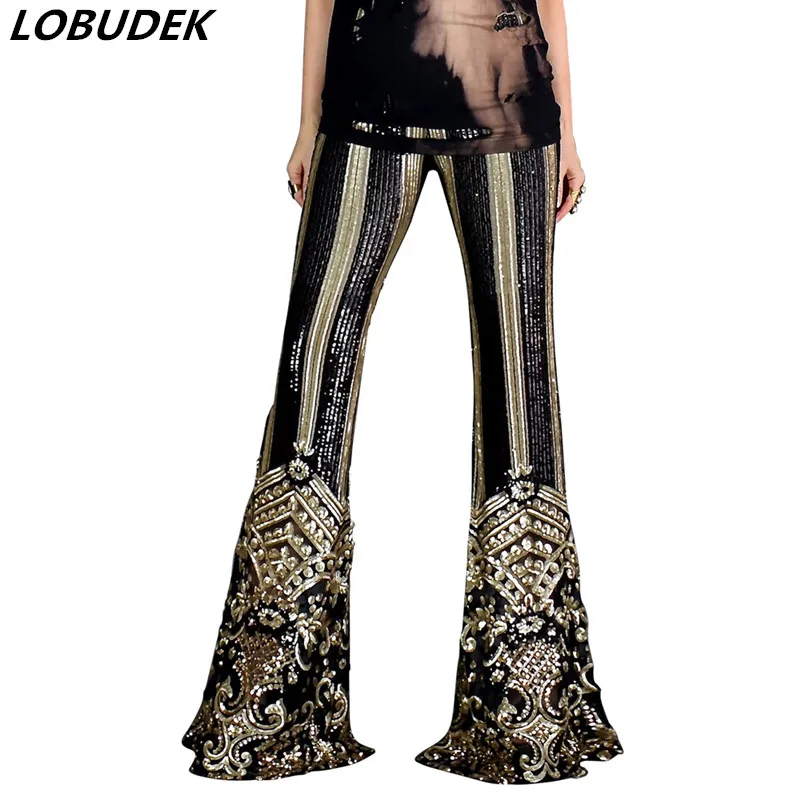 

European Vintage Embroidery Sequins Flare Pants Gold Black Sequin Striped Bell-bottomed Pants Elastic High Waist Casual Trousers