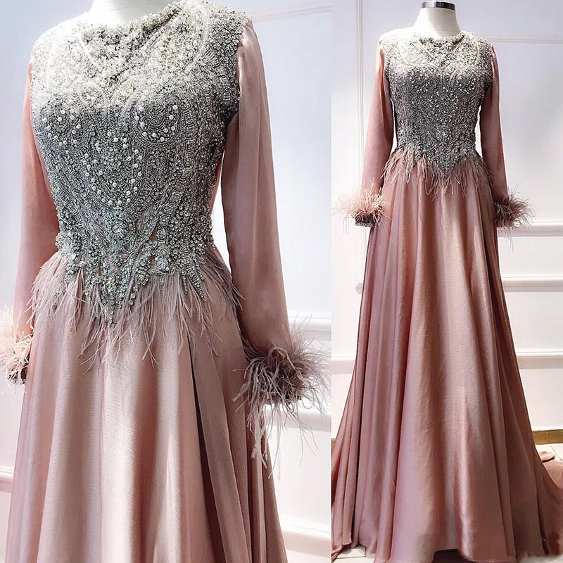 

Sparkly A Line Evening Dresses Feather Major Beading Long Sleeves Prom Dresses Wear Custom Made Formal Party Gowns